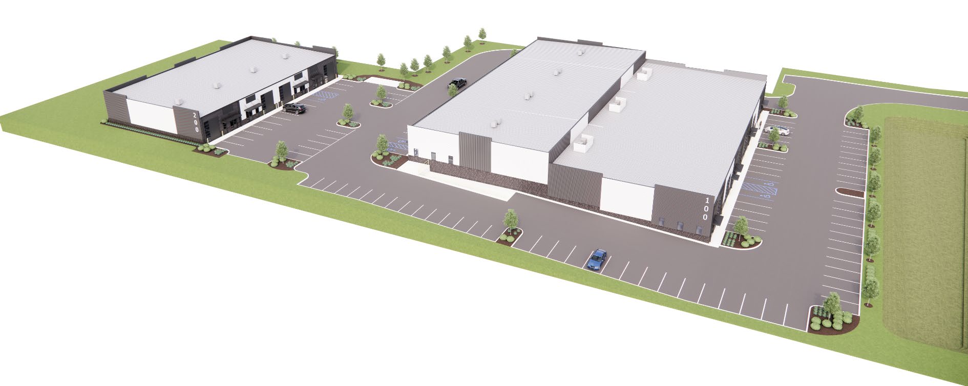 Aerial rendering of both Callahan Commerce Center buildings and parking