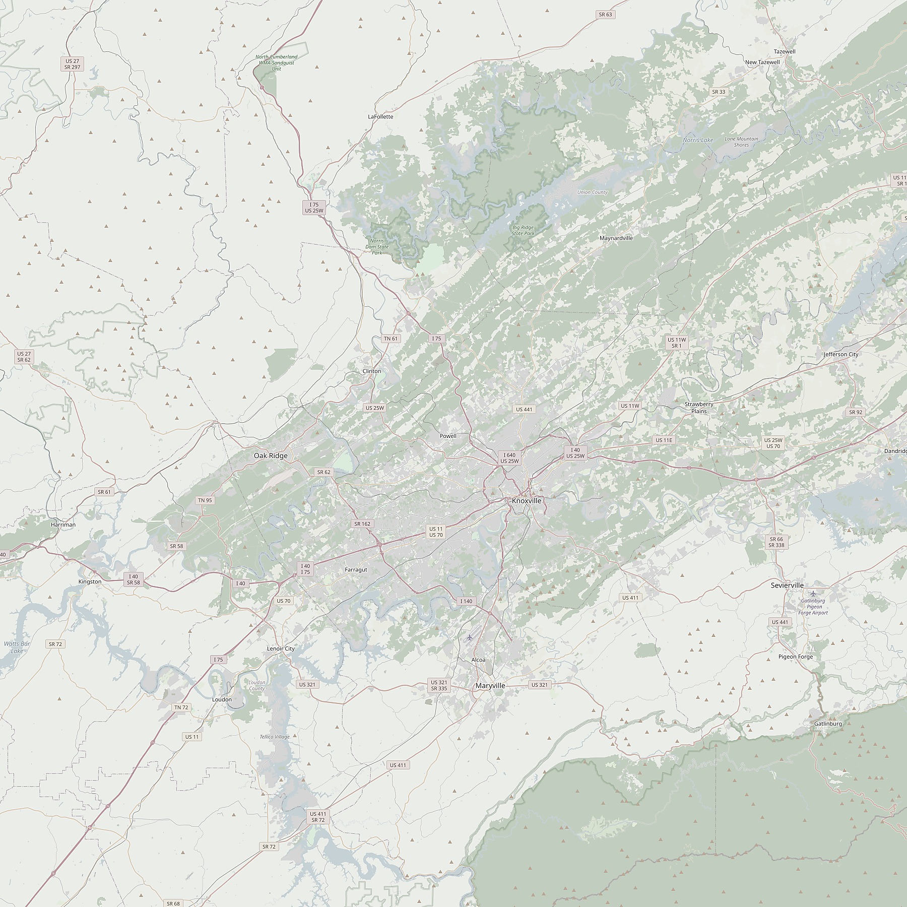 Regional map of East Tennessee centered on Callahan Commerce Center