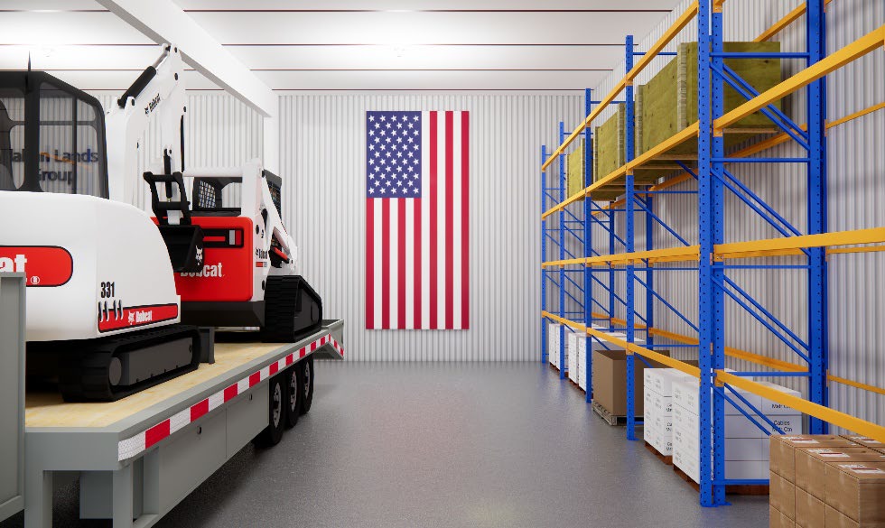 Open floor interior rendering with pallet racking and equipment trailer