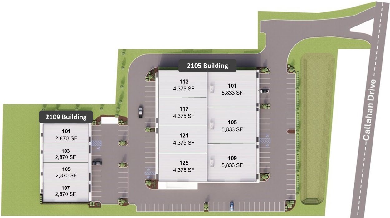Site plan of Callahan Commerce Center showing the 2105 and 2109 buildings with suite numbers and square footages