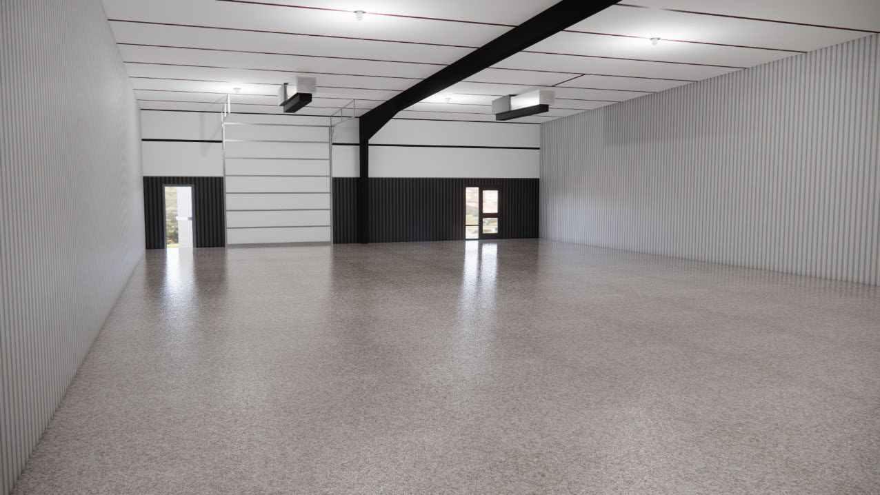 Open floor plan flex suite interior rendering with high bay lighting